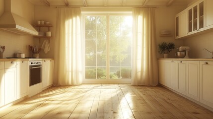 Obraz premium Sunlit kitchen, morning light, garden view, home design