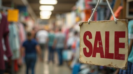 A wide-angle shot of a hanging sale sign