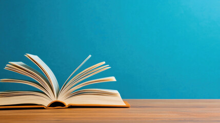 An open book rests on a wooden surface against a vibrant blue background, inviting readers to explore its pages.