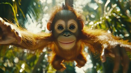 Obraz premium Orangutan swinging, jungle, rainforest, playful, conservation.