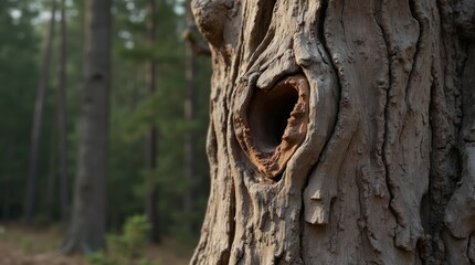 Fototapeta premium Close-up of a large, ancient tree trunk with rugged, weathered bark and visible knots