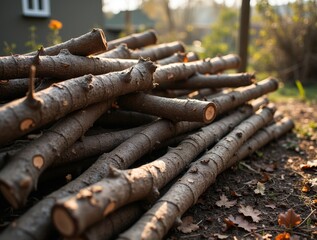Pile of cut tree branches in a suburban backyard, bright daylight, close-up textures of bark and leaves.