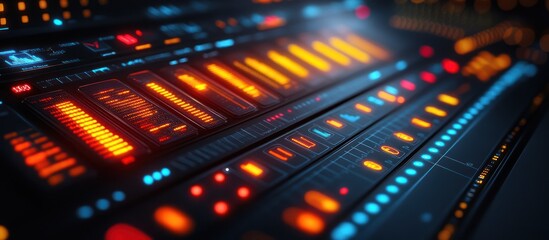 Obraz premium Futuristic digital audio mixer interface with glowing orange and blue lights.