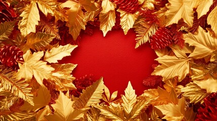 Golden Autumn Leaves Frame Red Background Design