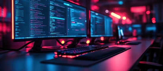 Computer screens displaying programming code in a vibrant, neon-lit workspace.