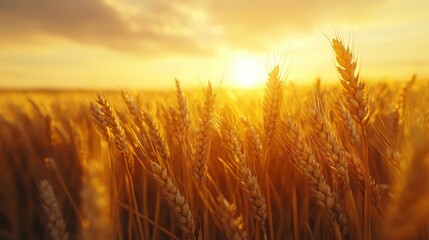 Obraz premium Golden wheat field, fully grown and ripe, with waving stalks under a warm sunset, in a picturesque countryside landscape.