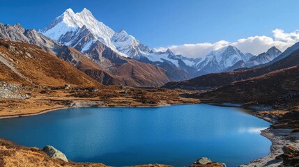 A Snow-Capped Mountain Range Overlooking a Crystal-Clear Lake