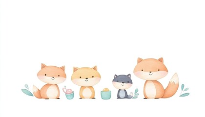 Fototapeta premium Cute illustration of four cartoon foxes enjoying a playful day with colorful treats and water splashes