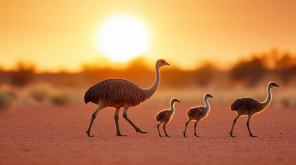 Naklejka premium Sunset Rhea Family: A majestic Rhea, with her two chicks, strolls across the red sand at sunset, silhouetted against the vibrant orange hues of the sun.