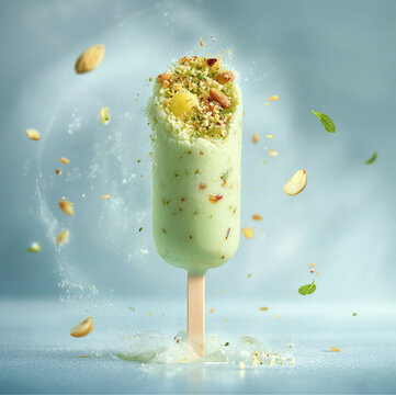 advertising photo of an rajwadi sweet kesar badam pista kulfi and against a light blue background. A gentle breeze blows through the scene, a misty effect around the summer refreshing treat