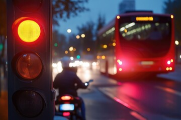 Night Traffic Scene with Red Traffic Light and Blurred Bus