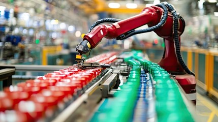 Naklejka premium A robotic arm assembling sustainable products with minimal waste in a high-tech factory.