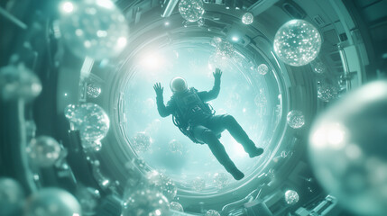 Astronaut in Zero Gravity: A lone astronaut floats weightlessly inside a futuristic spacecraft, surrounded by translucent spheres and bathed in an ethereal teal light.