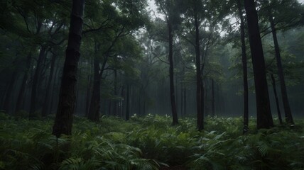 Obraz premium Misty forest with tall trees and lush green ferns on the forest floor creating a moody atmosphere