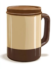 Beige and brown travel mug, isolated, white background, for coffee or tea