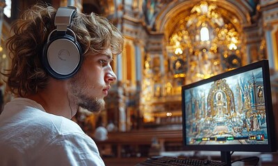 Young man gaming in a historic church, with intricate architecture in the background