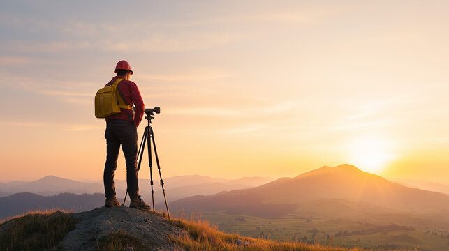Capturing the Golden Hour: A lone photographer stands on a mountain peak, silhouetted against a breathtaking sunset,  their camera poised to capture the beauty of the natural world.