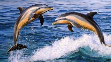 Fototapeta premium Two dolphins leap joyfully above the water's surface, creating splashes in a vibrant ocean setting.