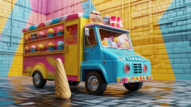 Colorful candy truck parked in vibrant alley - Powered by Adobe