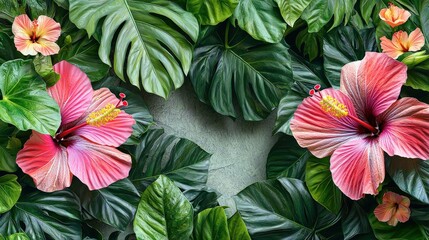 Naklejka premium Vibrant hibiscus flowers surrounded by lush green leaves create a tropical, colorful backdrop.