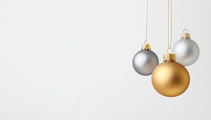 Three elegant Christmas ornaments in gold, silver, and white hanging against a plain background