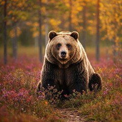 Fototapeta premium Powerful brown bear sits majestically in an autumnal forest.