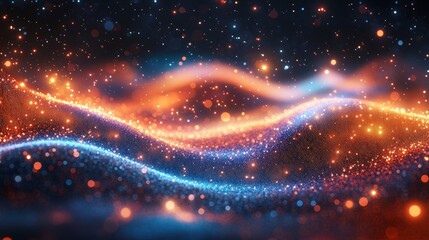 Fototapeta premium Abstract cosmic landscape with swirling nebulae in vibrant orange and blue hues. Glowing particles and energy streams create a dynamic and ethereal scene.