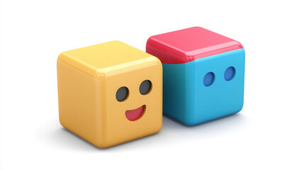 vibrant 3d emoticon cubes illustration with colorful emoji faces in abstract cubic art design featuring happy and neutral expressions on blue and yellow blocks