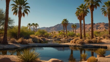 Fototapeta premium Tranquil desert oasis with palm trees, a reflective pond, and arid mountains in the background