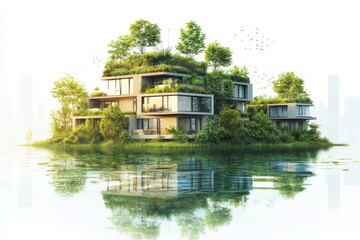 Obraz premium eco-friendly apartment building on a lush island. The building features green roofs and is surrounded by water, reflecting a sustainable and harmonious design. 
