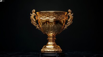 A winner's 3D gold trophy, its handles curved gracefully, glowing warmly on a black background