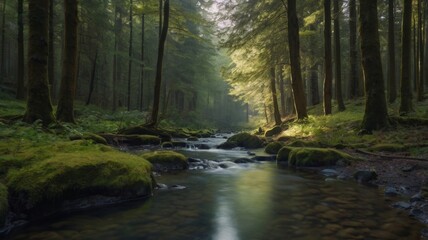 Fototapeta premium A serene forest scene with a gently flowing stream and sunlight filtering through the trees