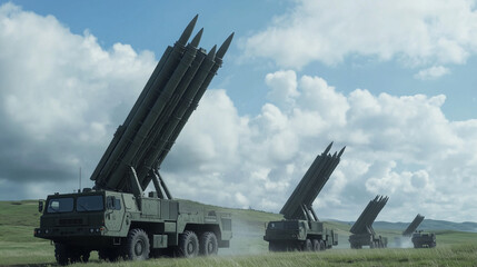 Military Might: A trio of powerful military rocket launchers stand ready, their barrels pointed towards the sky, against a backdrop of dramatic clouds and a vast, open landscape.