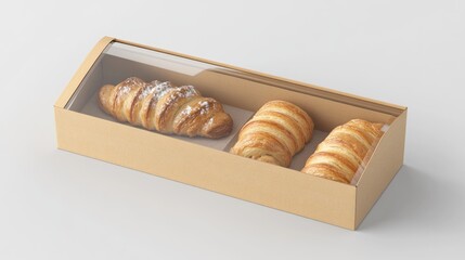 A stylish bakery box with a clear window showcasing artisanal pastries inside