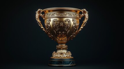 A winner's 3D gold trophy, its handles curved gracefully, glowing warmly on a black background