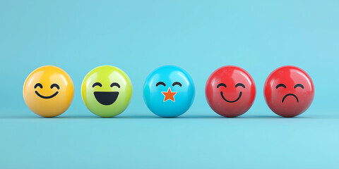 Konzept für eine Kundenzufriedenheitsumfrage. Fünf-Sterne-Bewertung auf virtueller Feedback-Schnittstelle, hervorragende Kundenzufriedenheit. Emoticons verschiedener Feedback-Ebenen, Kundenerfahrung,