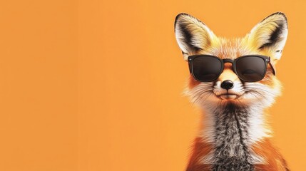 Cool fox in sunglasses, orange background.  Use social media, advertisement