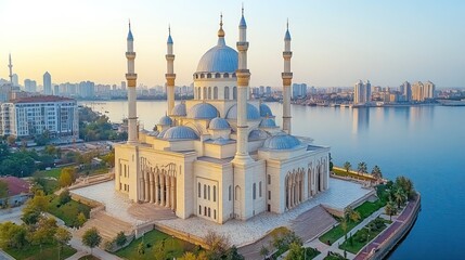 Naklejka premium Sunrise Mosque Cityscape Aerial View