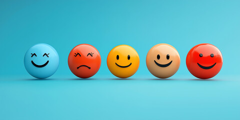 Konzept für eine Kundenzufriedenheitsumfrage. Fünf-Sterne-Bewertung auf virtueller Feedback-Schnittstelle, hervorragende Kundenzufriedenheit. Emoticons verschiedener Feedback-Ebenen, Kundenerfahrung,