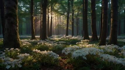 Obraz premium Sunlight filtering through tall trees in a forest filled with white wildflowers on the ground