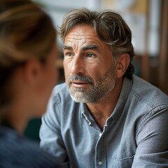 Fototapeta premium A man over 40 with a determined expression shares his personal struggles with a therapist in a comfortable space, emphasizing resilience and the journey toward emotional growth