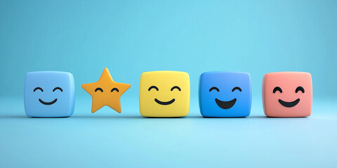 Konzept für eine Kundenzufriedenheitsumfrage. Fünf-Sterne-Bewertung auf virtueller Feedback-Schnittstelle, hervorragende Kundenzufriedenheit. Emoticons verschiedener Feedback-Ebenen, Kundenerfahrung,