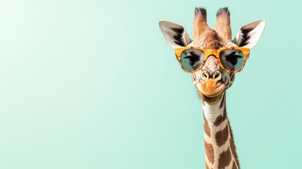 Fototapeta premium Cool giraffe in sunglasses, pastel background, safari mood, fun animal image for social media