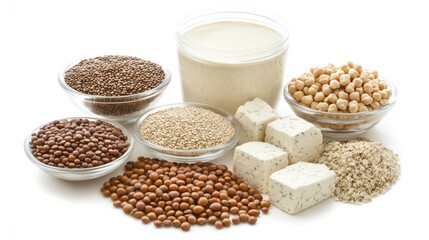 Obraz premium A variety of plant-based protein sources including lentils, tofu, quinoa, and chickpeas.