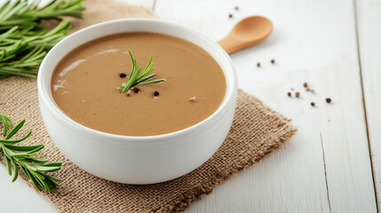 Creamy Mushroom Soup: A bowl of creamy mushroom soup, garnished with fresh rosemary and cracked black pepper, sits on a rustic burlap placemat. The warm.
