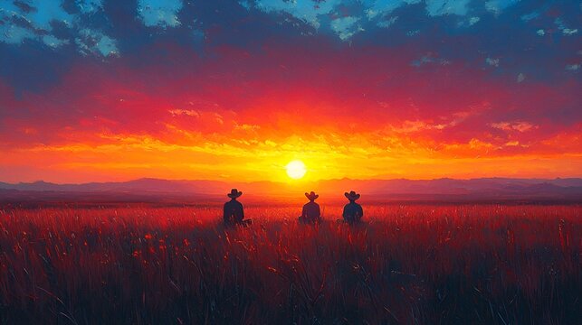 Cowboys watching sunset prairie landscape, peaceful scene, western movie poster