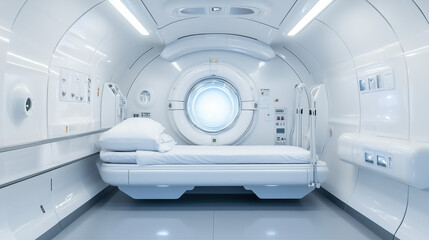 Futuristic Medical Pod: A pristine white medical pod, featuring a sleek, minimalist design and a circular window offering a glimpse of an ethereal light.  The sterile environment is calming.