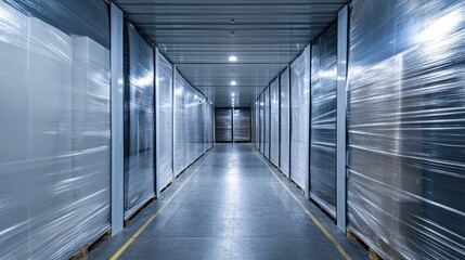 Obraz premium A view of multiple shrink-wrapped pallets stacked inside a temperature-controlled warehouse