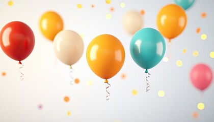 Colorful balloons floating against a soft background with confetti, ideal for celebration themes