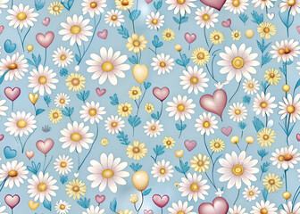 Obraz premium Daisy Flowers and Hearts Pattern. Romantic Floral Wallpaper